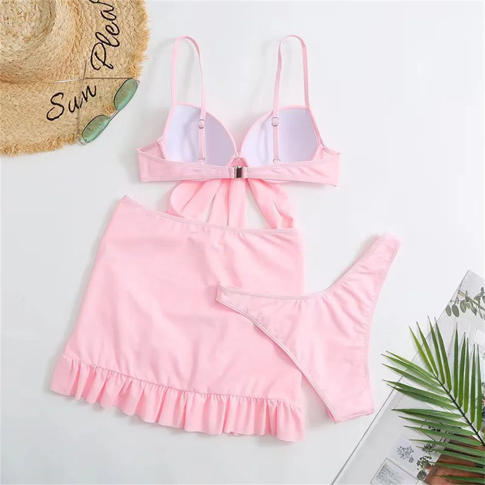 Cute Pink Ruched Swimwear Push Up Bandage Bikini Thong Pleated Swimsuit 3 Piece Women's Skirt Beach Outfits Bikinis Bathing Suit