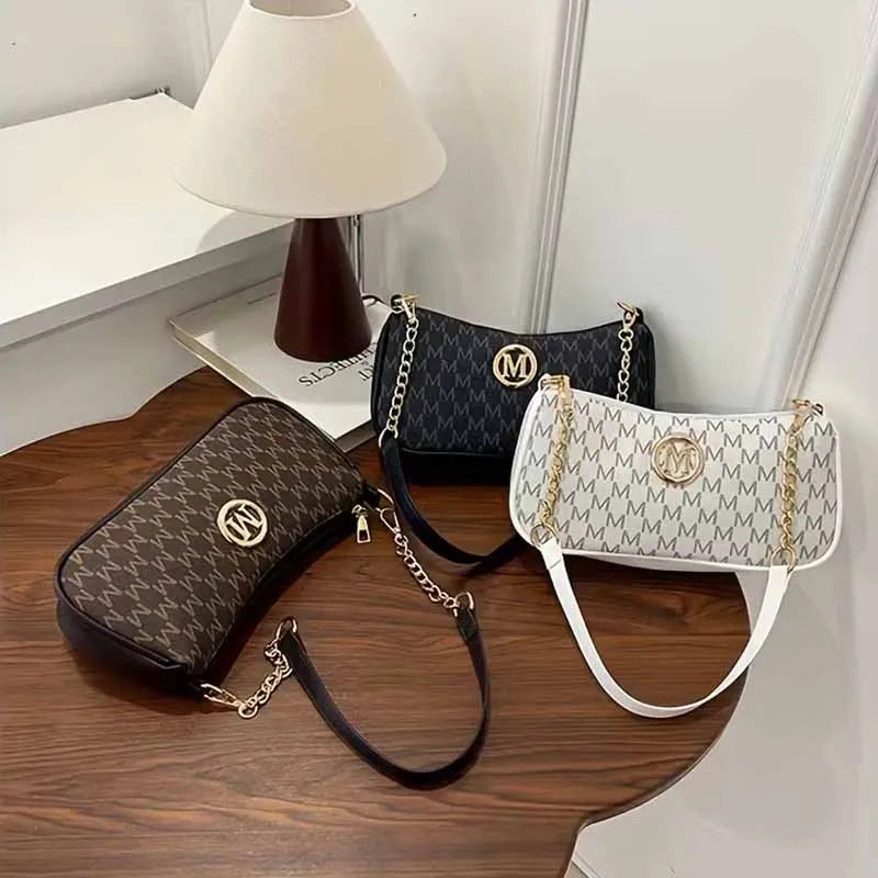 Fashion Ladies Geometric Print Chain Underarm Bag Metal Logo Decor Lightweight Shoulder Crossbody Handbag for Daily Use