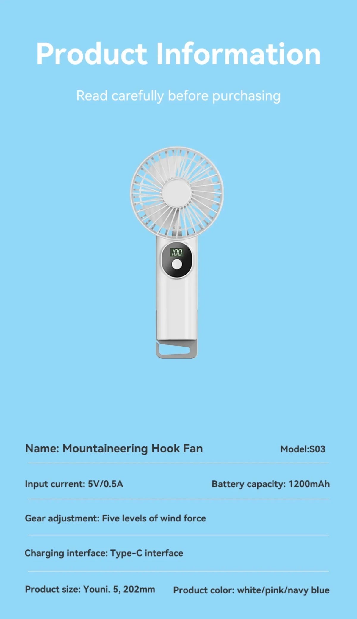 5 Levels Air Cooling Fan with Buckle Portable Handheld Fan LED Screen Outdoor for Home Office Outdoor USB-C Rechargeable Fans