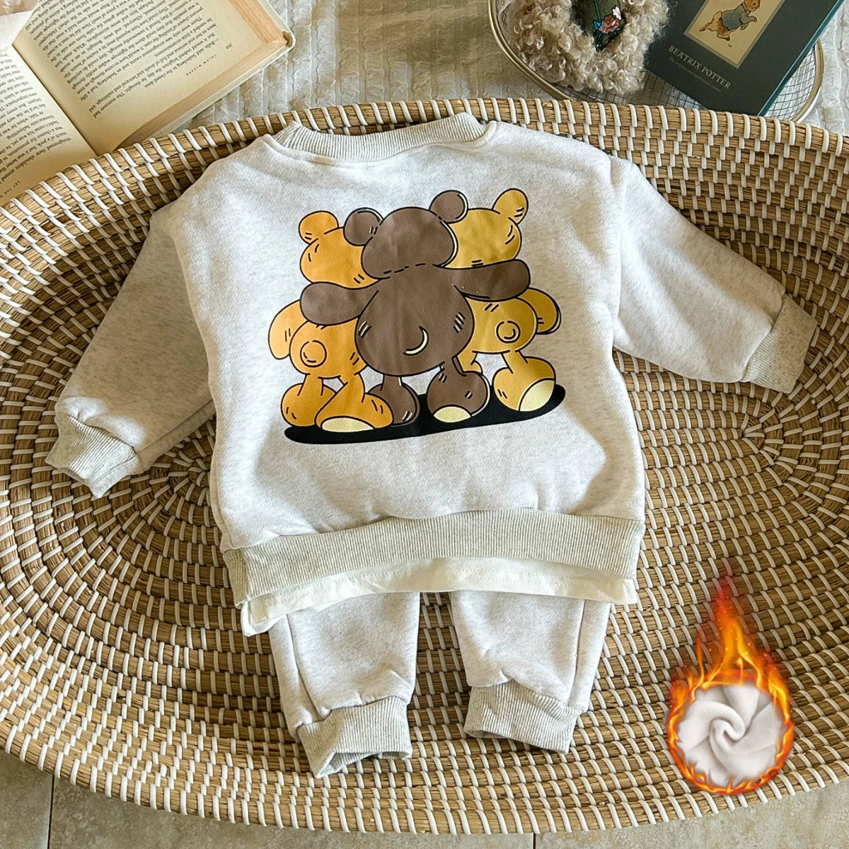 Winter Infan Baby Outfits Boy Girl Sets Velvet Cartoon Little Bear Print Cotton Long Sleeve Tops+Pants Baby  Children Clothing