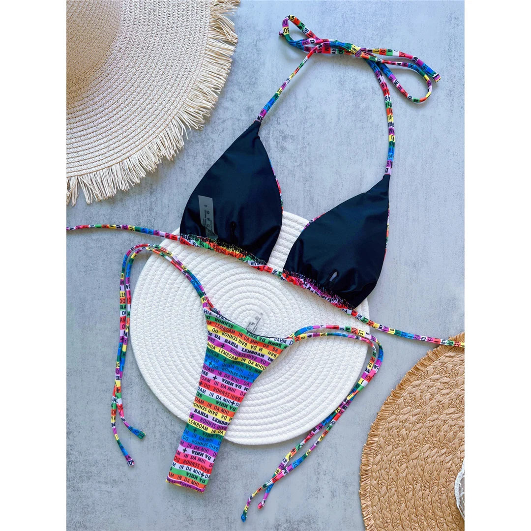Letters Printed Colorful Mini Thong Bikini Women Swimwear Female Swimsuit Two-Pieces Bikini Set Bather Bathing Suit Swim V6041