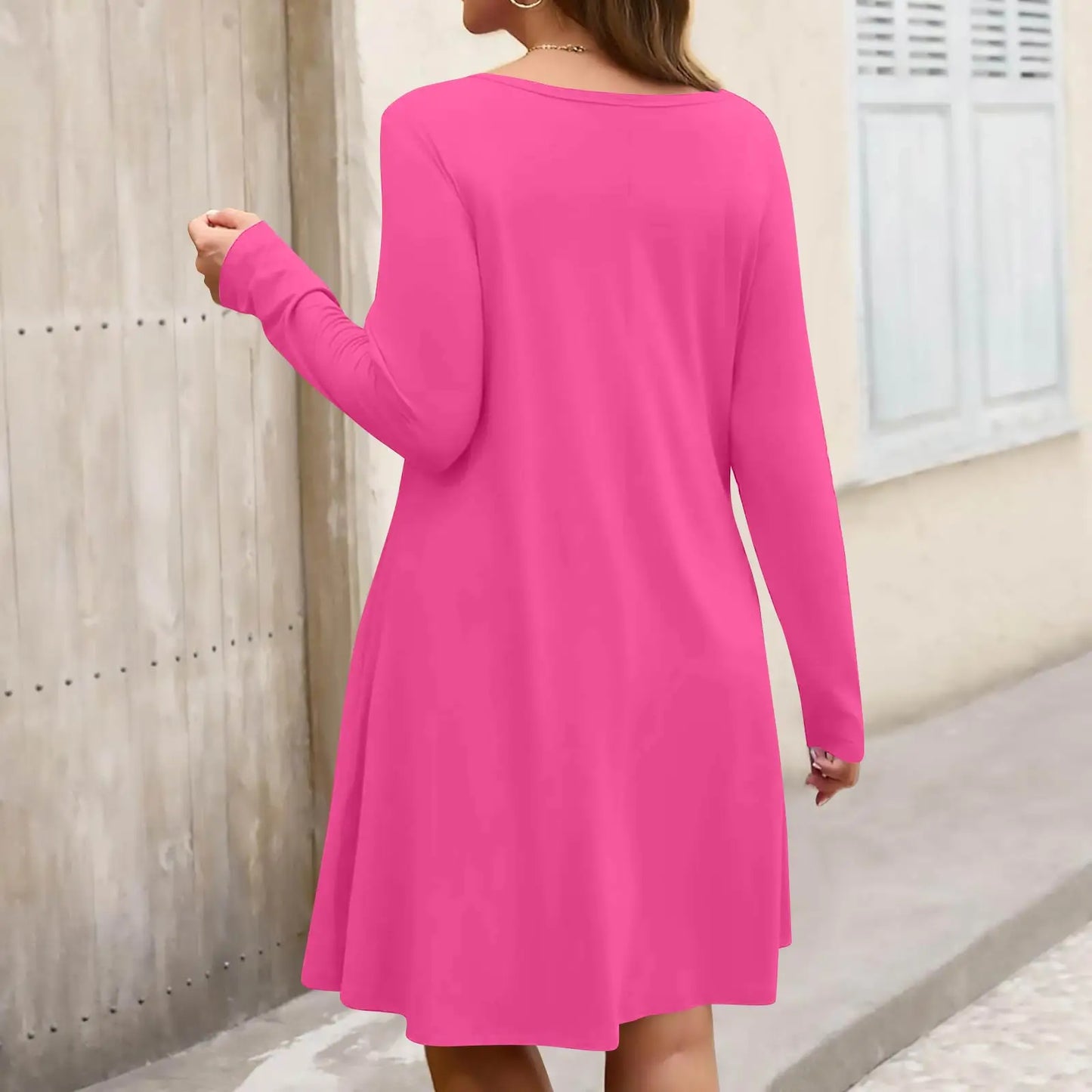 Plus Size Dress for Women Solid-Colour Casual Dress Spring/Autumn Pocket Round Neck Long-Sleeved Dresses vestidos femenino