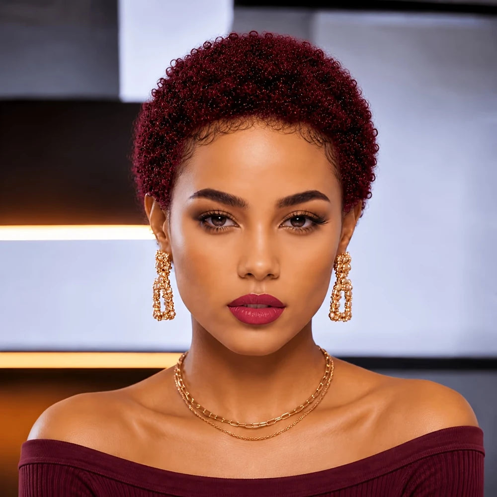 Short Kinky Curly Wigs Pixie Cut Wigs Human Hair for Women Bazilian Hair Machine Made Cap Natural Black/Brown/Burgundy Color Wig