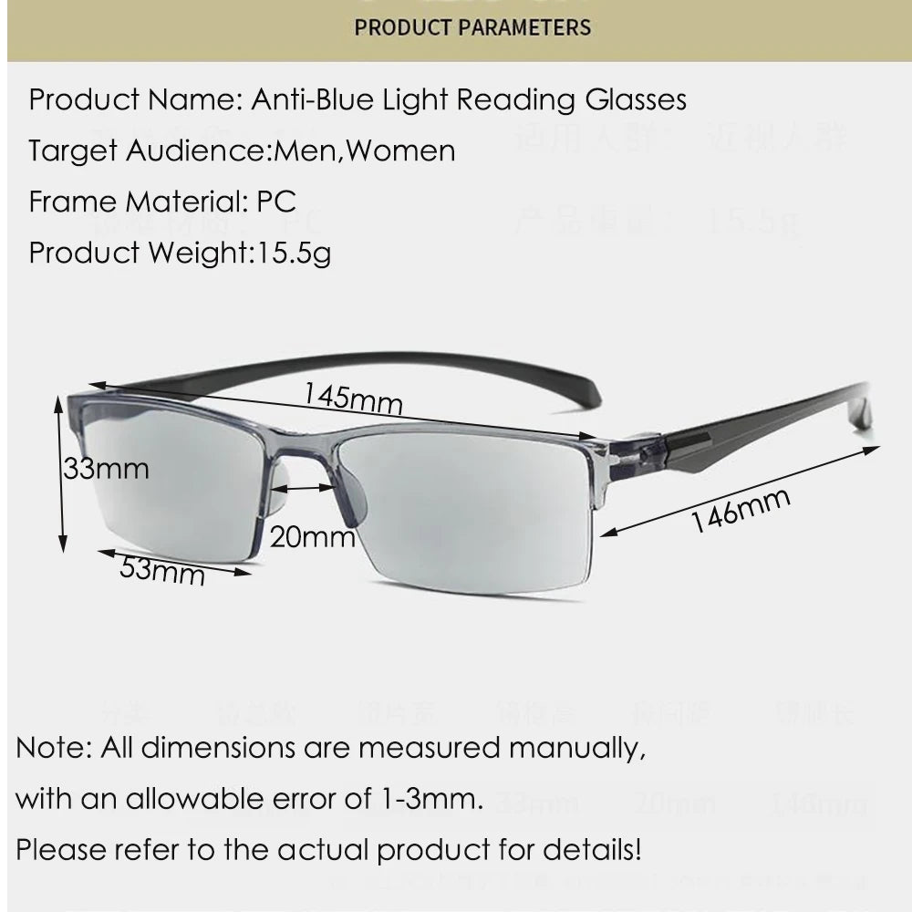 Intelligent Progressive Multifocal Reading Glasses Anti Blue Light Half Frame Spectacles Far Near Dual Use Presbyopic Glasses