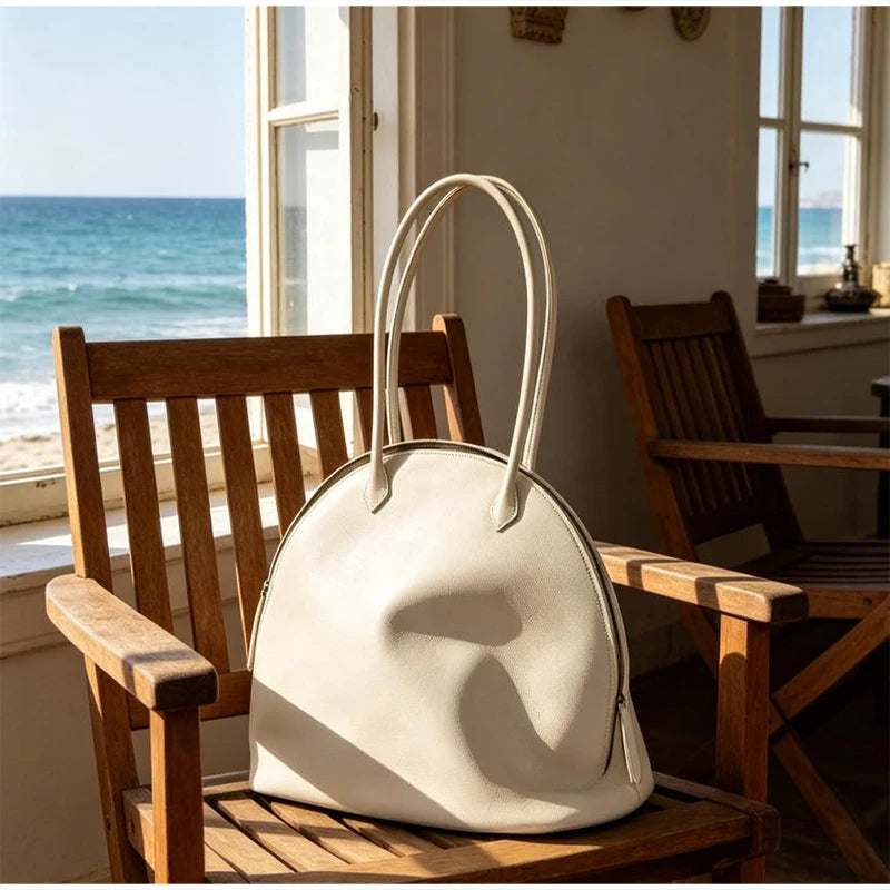 Fashion Luxury Seashell Shoulder Bag Korean Style Solid Color Minimalist Handbag Zippered Large Capacity Soft Leather Tote Bag