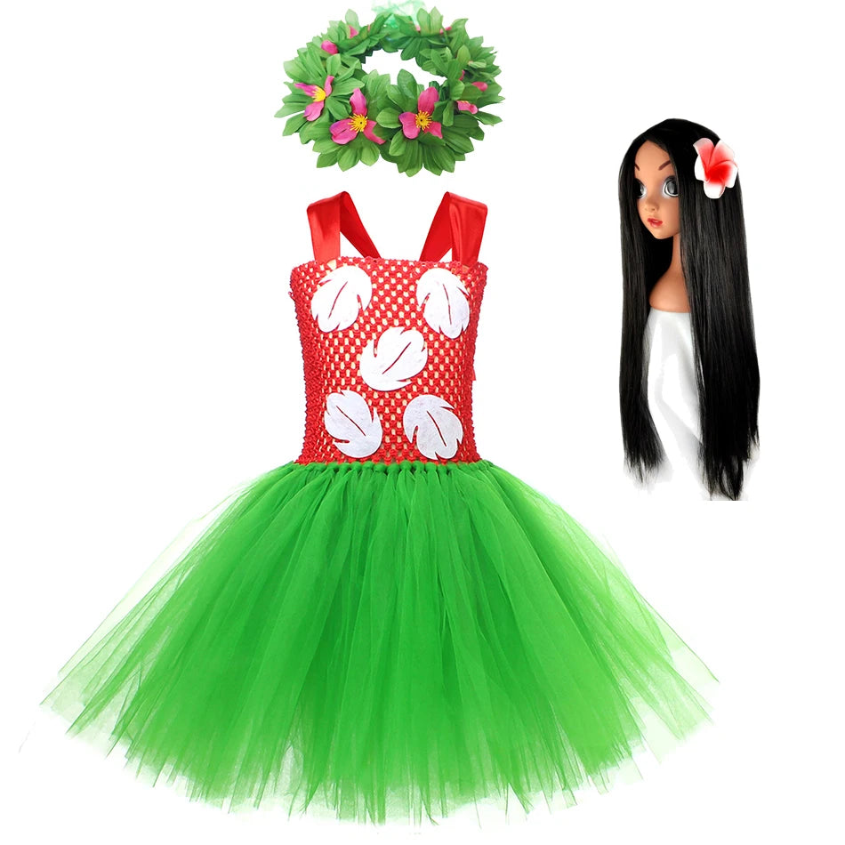 Halloween Costume for Girls Chirdren Summer Red and Green Floral Hawaiian Party Dress with Wreath Outfit for Halloween