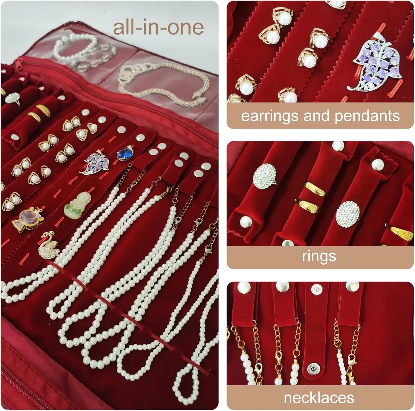 Burgundy Velvet Jewelry Roll Bag Portable Foldable for Necklace Earrings Ring Travel Exhibitions Organizer Storage Bag