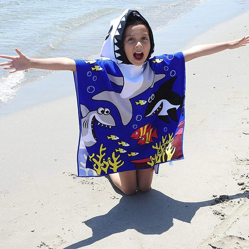 60-120cm Kids Hooded Bath Beach Poncho Towels Baby Quick Dry Bathrobe Child Cartoon Cloak Poncho Towels Microfiber Swim Cover-up