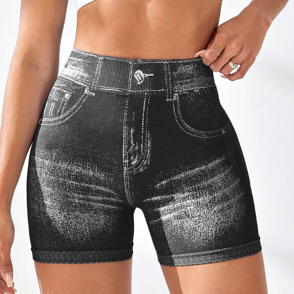 High Waist Women's Sports Shorts Hip Lifting and Body Shaping Faux Denim Jeans Stretch Short Leggings