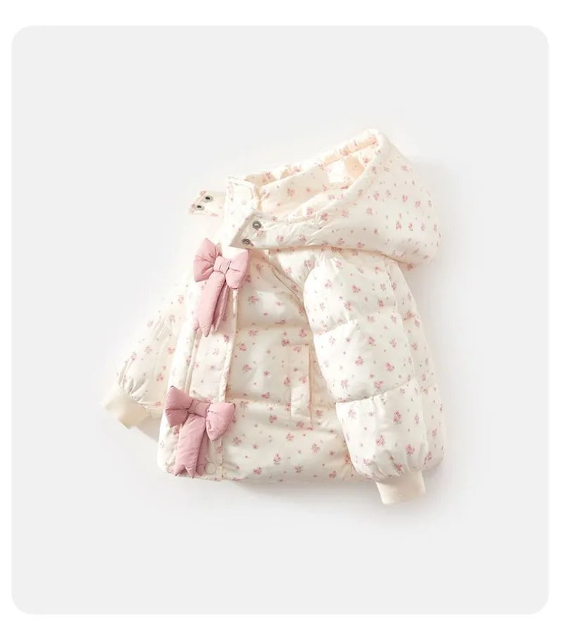 Winter 2024 Girls Plush New Fashion Sweet Floral Cotton Jacket Baby Cotton Hooded Autumn and Winter Bow Coat