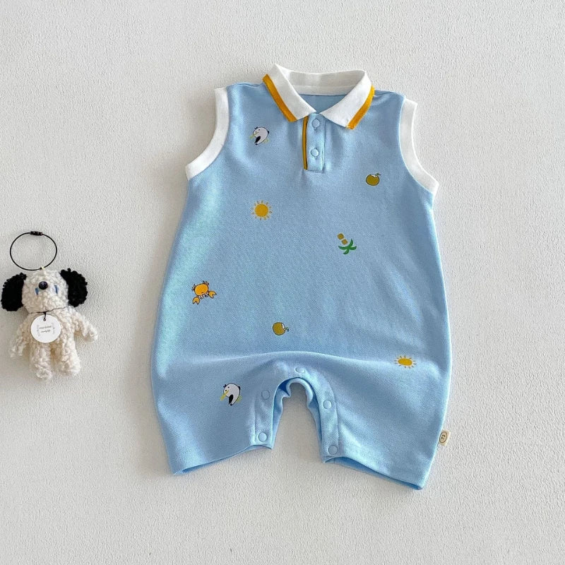 2026 New Summer Baby Fashion Cartoon Printed Cotton Soft Sticky Collar Sleeveless Climbing Clothes