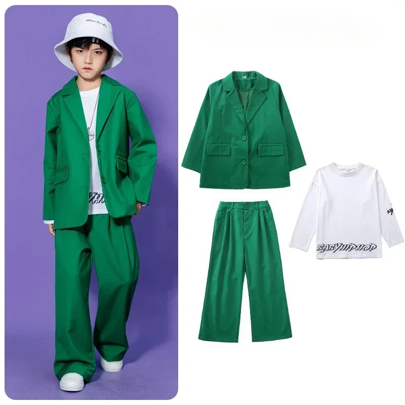 Kids Hip Hop Dance Costume Boys Girls Blazer Pants Set Streetwear Outfit for Stage Performance Competition Jazz Dance Photoshoot