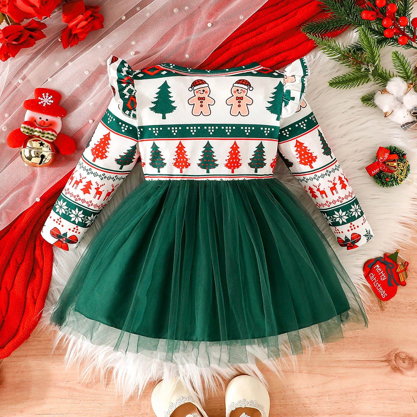 Toddler Baby Girl Christmas Mesh Dress Long Sleeve Christmas Themed Carnival Princess Dresses Girls Party Costume Dresses