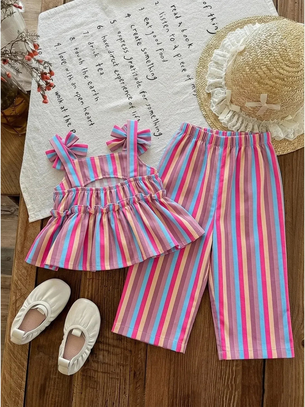 Baby Children's Clothing Set with Thick Shoulder Strap Bow Detail Stripe Color Block Skirt Top And Elastic Waist Striped Pants C
