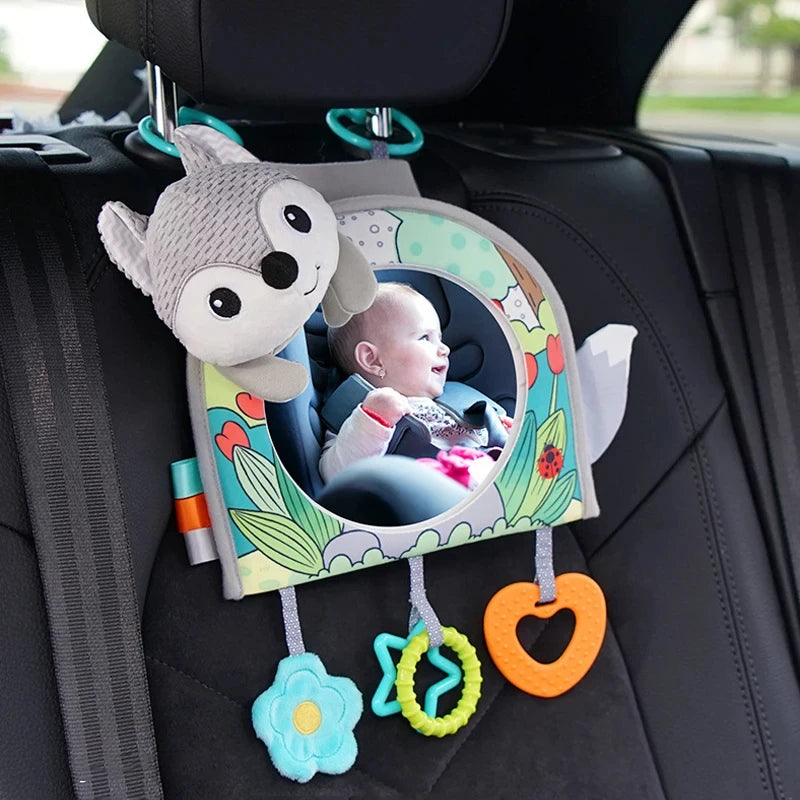 Baby Car Mirror Back Seat Rear View Mirror Cartoon Animal Plush Toys For Baby Rear Facing 6 12 Months Infant Travel Sensory Toys