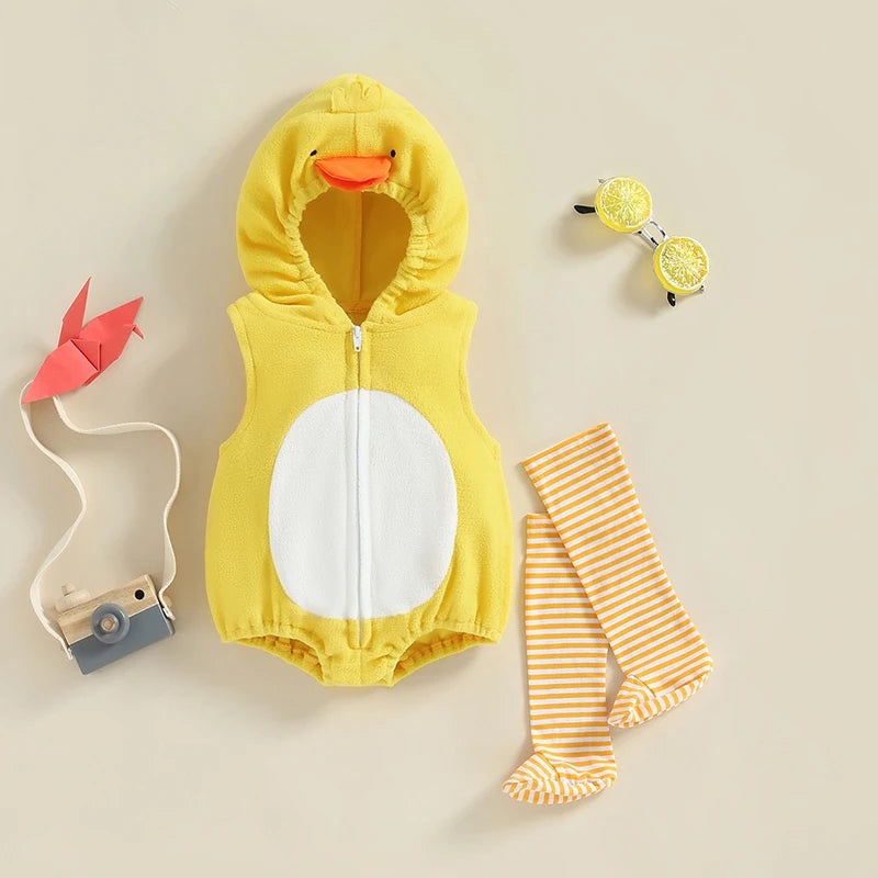 Lovely Chick Romper Baby Boy Girl Halloween Costumes Animal Cosplay Hoodie Romper Jumpsuit Bodysuit Stripe Leg Warmers