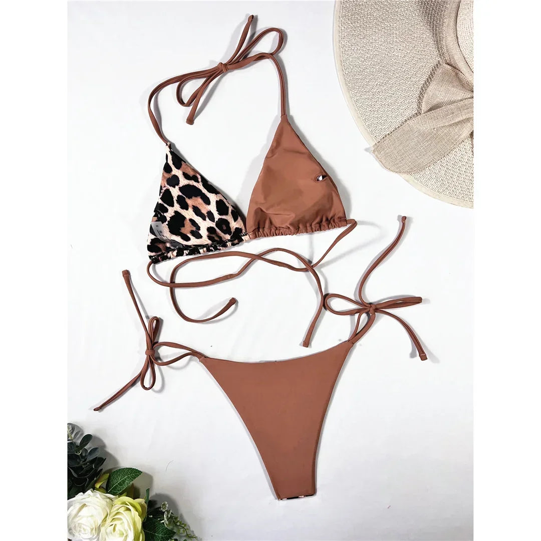 Halter Splicing Leopard Bikinis 2026 Satin Bikini Female Swimsuit Women Swimwear Two-pieces Bikini Set Micro Bathing Suit Swim