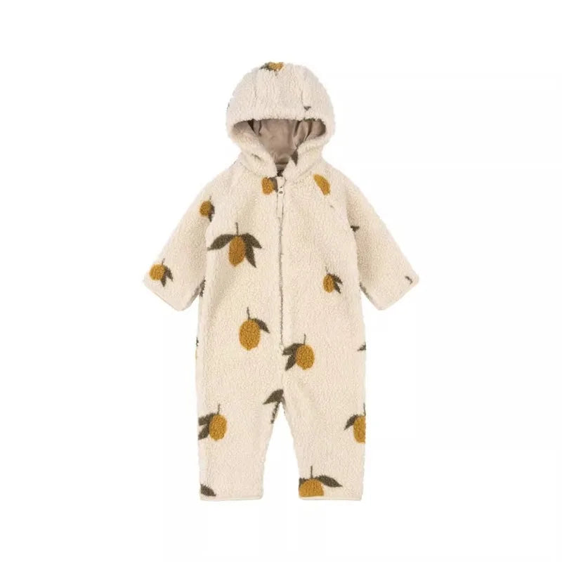 2025 Winter Long Sleeve Baby Fleece Hooded Jumpsuit Cherry Print Infant Warm Romper Crawling Outfit Newborn Clothes