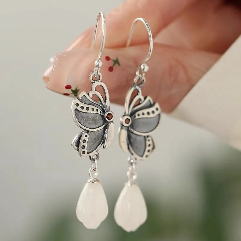 silver 925 Light luxury Butterfly earrings for women Natural Hetian Jade Orchid Earring Vintage Ethnic Style Wedding Jewelry