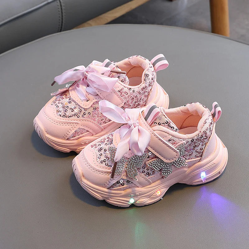 Children Shoes 2026 New Spring Toddler Girls Sport Shoes Bling Bling Soft Sole Breathable Outdoor Tennis Fashion Kids Sneakers
