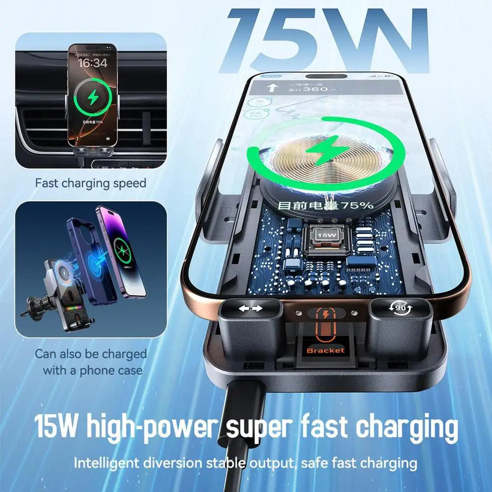 General Car Air Vent Electric Rotating Opening Closing Phone Holder 15W Wireless Charger Dualed Coil Smart Phones Fast Charging