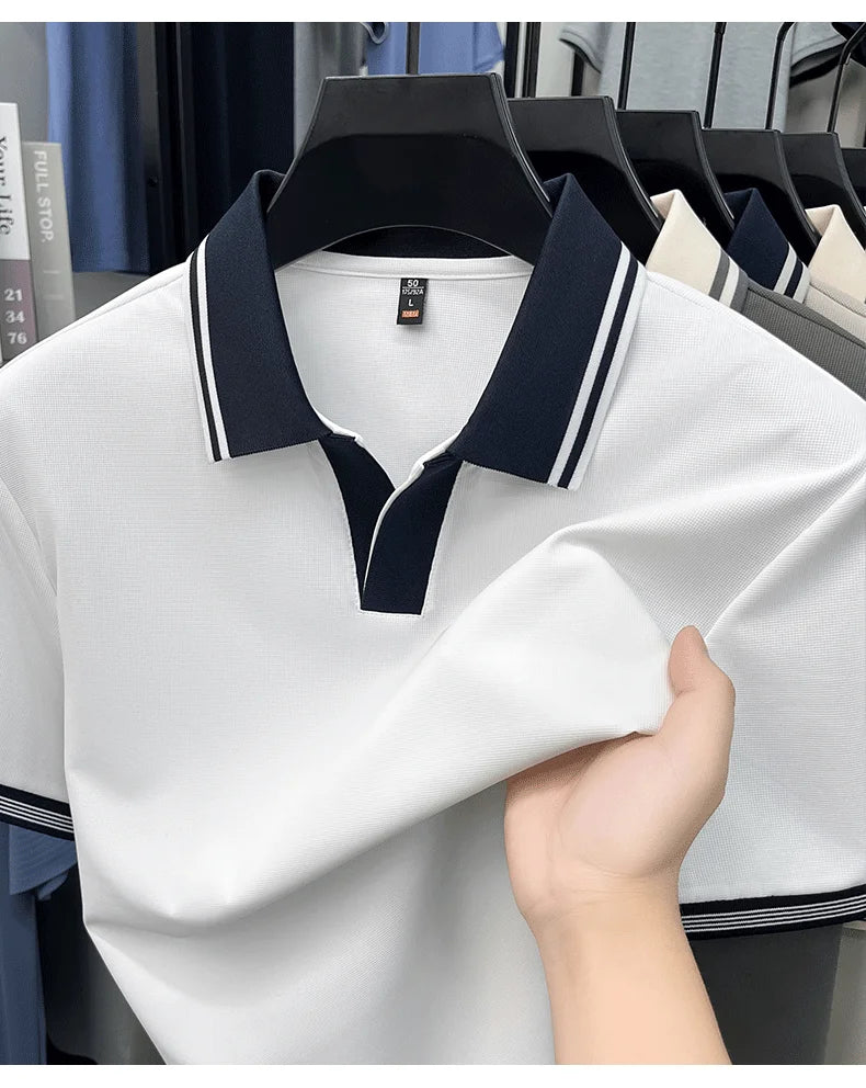 Light luxury summer new short sleeve polo shirt silky breathable high-end men's fashion personalized color blocked lapel T-shirt