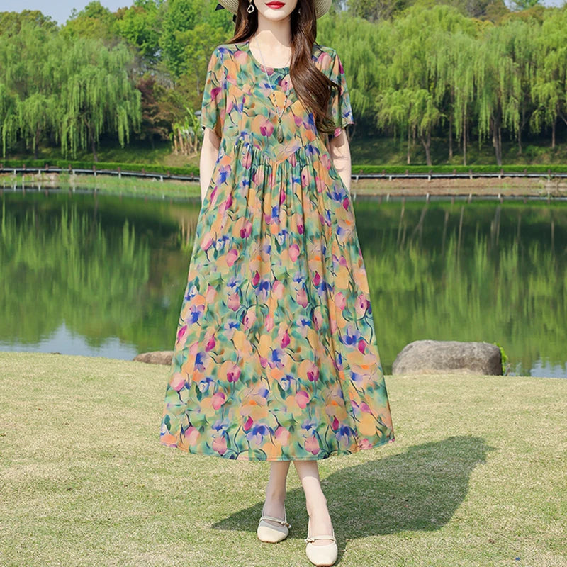 New Fashion Summer Dresses For Women 2025 Elegant Casual Short Sleeve Dress Soild Colour Women Clothing