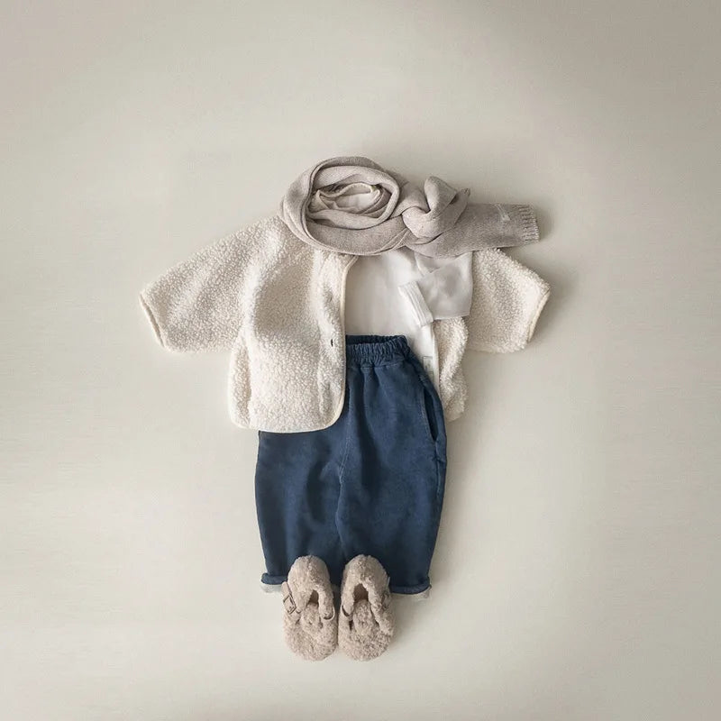 Spring Autumn Baby Kids Sherpa Fleece Jacket, Solid Color Loose Fit Warm Outerwear for Boys Girls Toddler 73-100