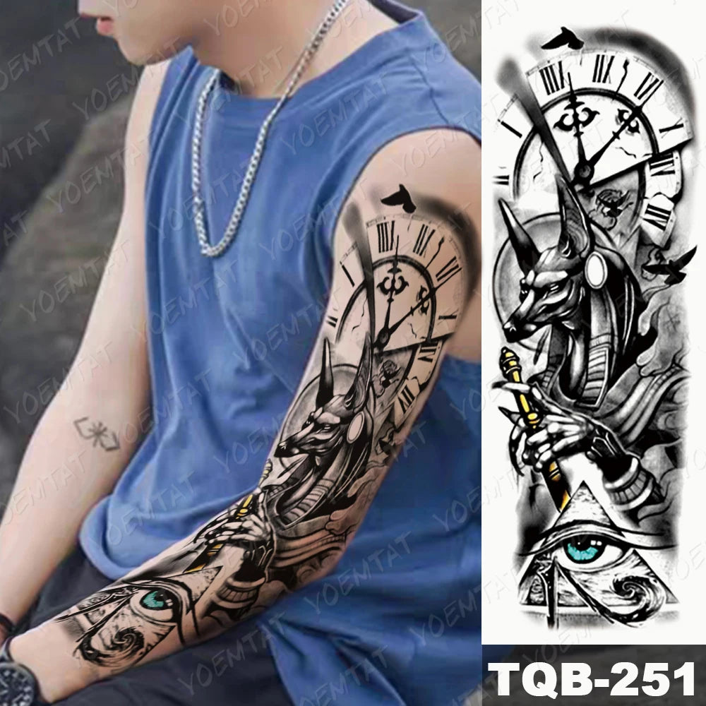 Large Full Arm Sleeve Waterproof Temporary Tattoo Sticker Mechanical Egyptian Dog Eye Clock Fake Tatoo Body Art Tatto Men Women