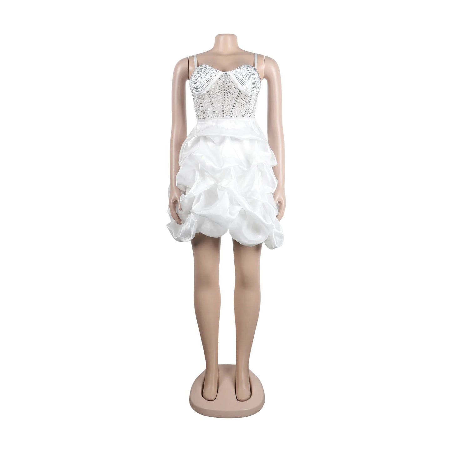 HBLL Sexy Rhinestone Bodycon Ruched Puff Suspenders Dresses Women Sheer Mesh Birthday Party Night Clubwear Summer Dresses Robes