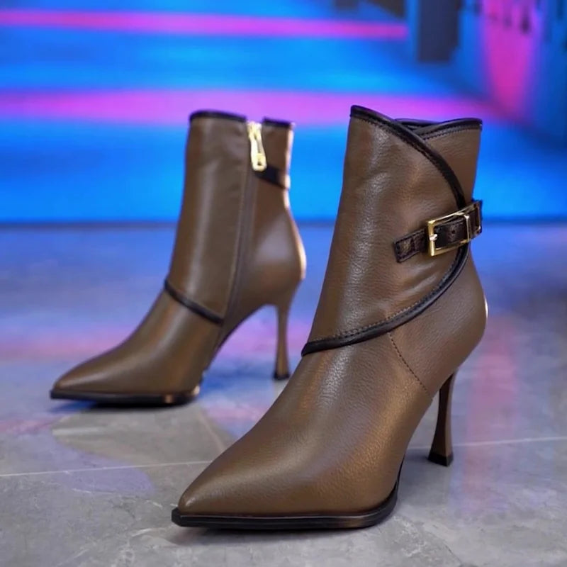 FHC New Women Ankle Boots,High Heeled Short Botas,Fashion Buckle Winter Shoes,Pointed Toe,34-39,Black,Brown,Dropship