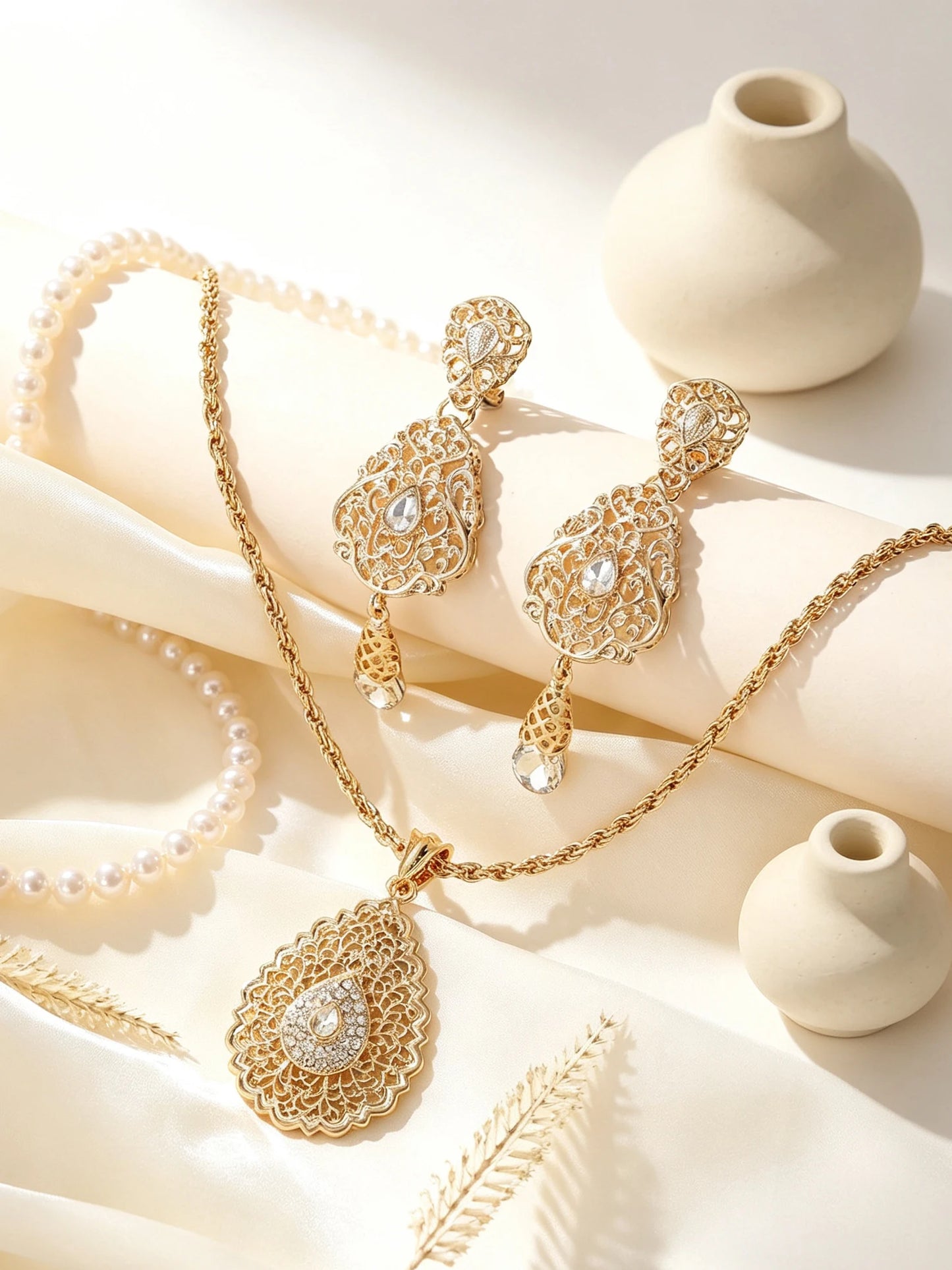 Moroccan Gold Jewelry Set Filigree Pendant Necklace Earrings Brooch For Women Arabic Wedding Party Zinc Alloy Ornament Gift