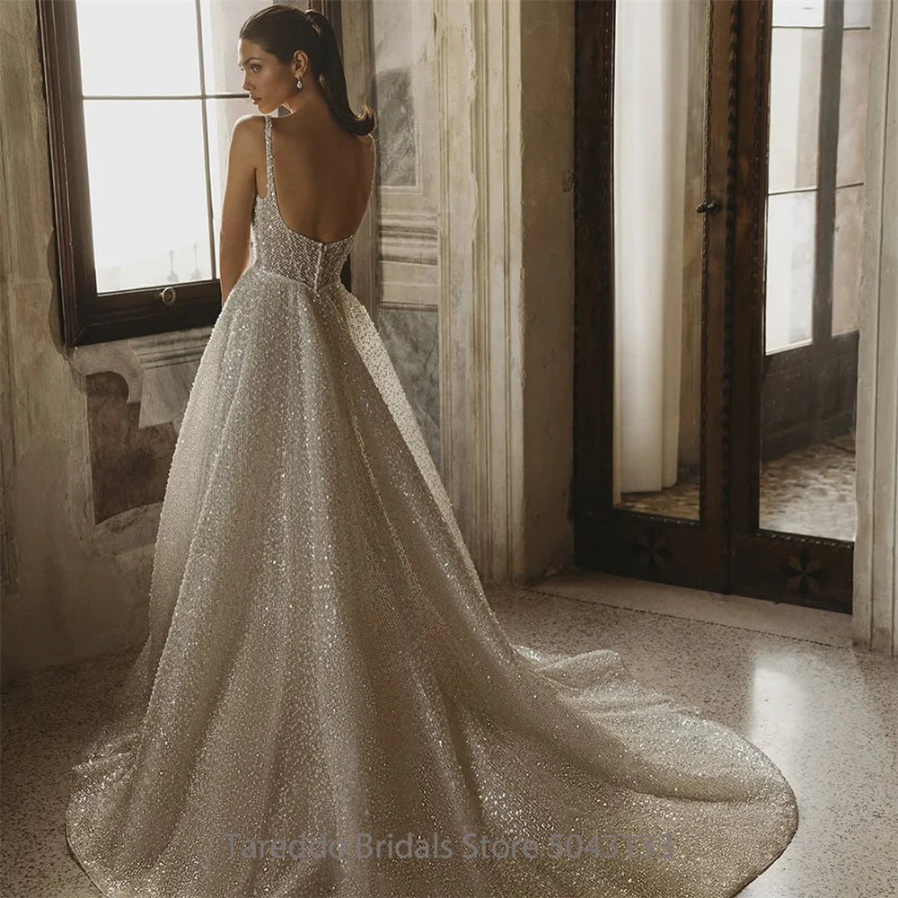 Customized Glitter Bling Bling Wedding Dress Spaghetti Straps Sequins Bridal Gown Sexy Sparkling Party Dress