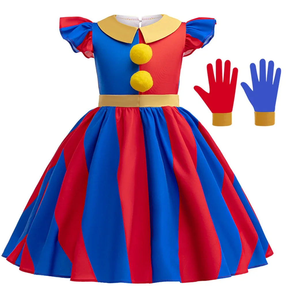 Halloween Amazing  Digital Circus Pomni Cosplay Costume Carnival Fancy Red Blue Clown Dress Up Disguise Joker Headwear