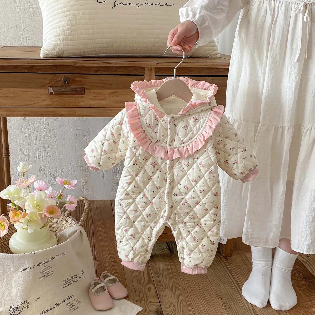 Baby Girl Winter Sweet and Cute Floral Cotton Padded Hooded Jumpsuit, Baby Girl Warm and Comfortable Long Sleeve Cotton Padded Jumpsuit