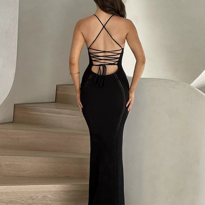 Sexy Style Backless Tie Up Long Dress Summer Pool Party Beach Vacation Slip Dress Fashion Knitting Hollow Out Beachwear Cover Up