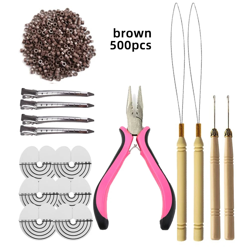 500 Pcs Hair Extensions Tools Kit Silicone Micro Rings with Three-Hole Hair Pliers Pulling Hook Needle Loop Threader