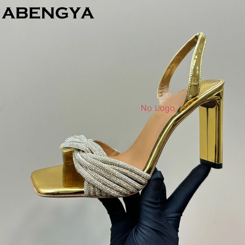 Luxury Crystal Chunky Heels Gladiator Sandals Women Sliver Leather Slingback High Heel Party Shoes Open Toe Women's Sandalias