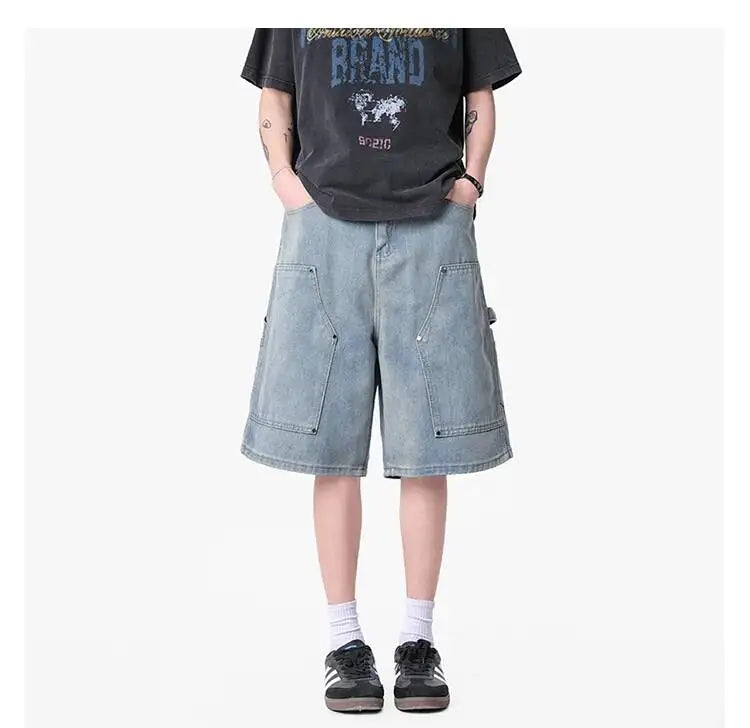 IEFB Workwear Men's Denim Shorts Multi Pocket Wide Leg Baggy Fit Casual Summer Streetwear Casual Cargo Jeans 9X2957
