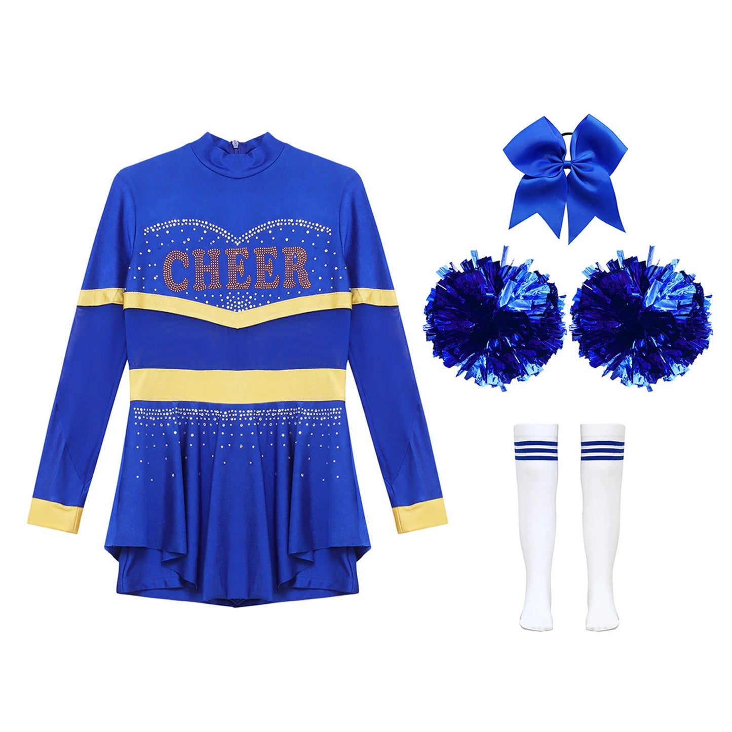 Girls Cheerleader Costume Long Sleeve Cheerleading Uniform Children Cheer Dance Dress Hand Flower Socks Stage Dancewear Sets