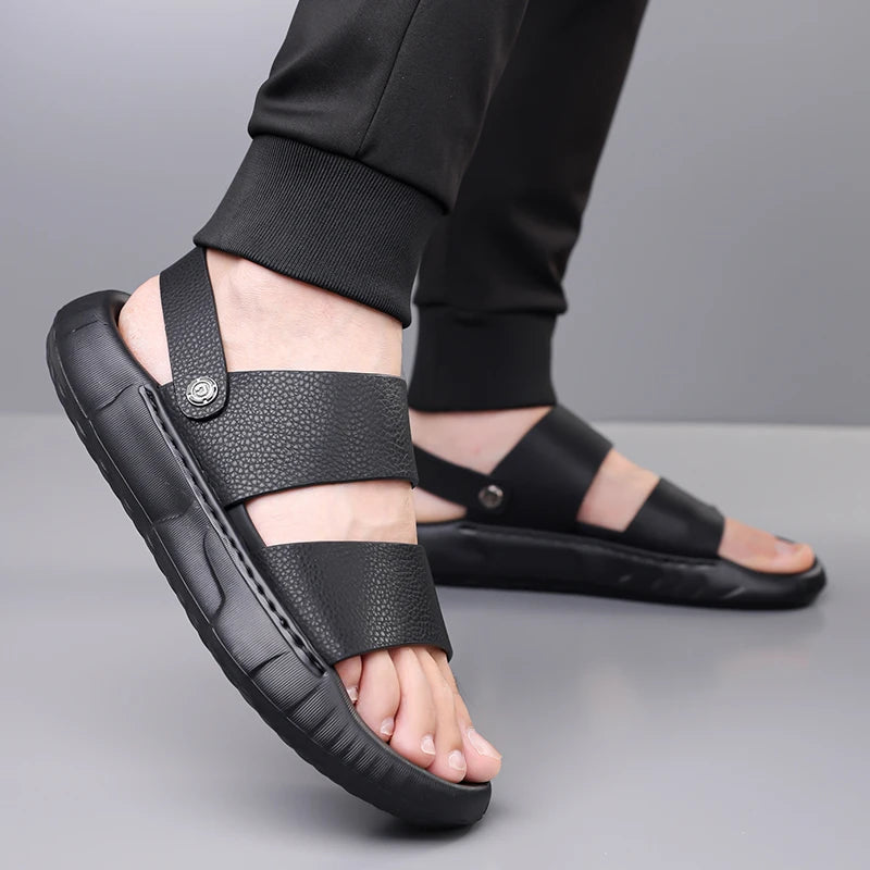 Man Retro Outdoor Comfort Thick Soled Leather Sandals Men's Summer New Men Sandals Luxury Quality  Beach Anti Slip Men Slippers