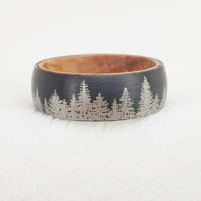 Somen 8mm Tungsten Carbide Wine Barrel Wood Ring For Men Brushed Laser Forest Pattern Engagement Wedding Bands Fashion Jewelry