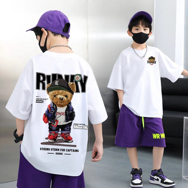 Summer 100% Cotton Boys Blue T-shirt Cool Graffiti Printed Girls Tees Short Sleeve Children Tops High Quality Kids Clothes 2024