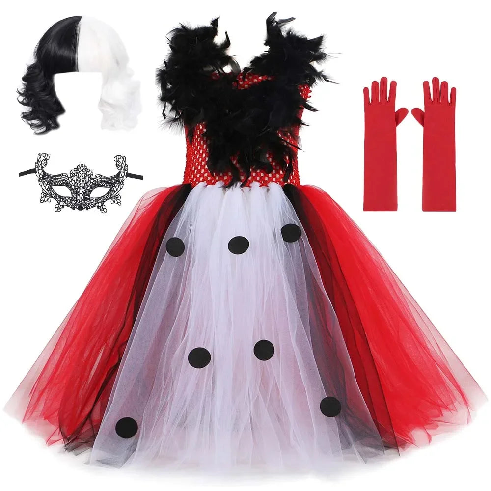 Halloween Crulla Cosplay Costume Cruella Tulle Dress Party Girls Black White Carnival Kids Cruella Wig Lace Mask Suit Clothes