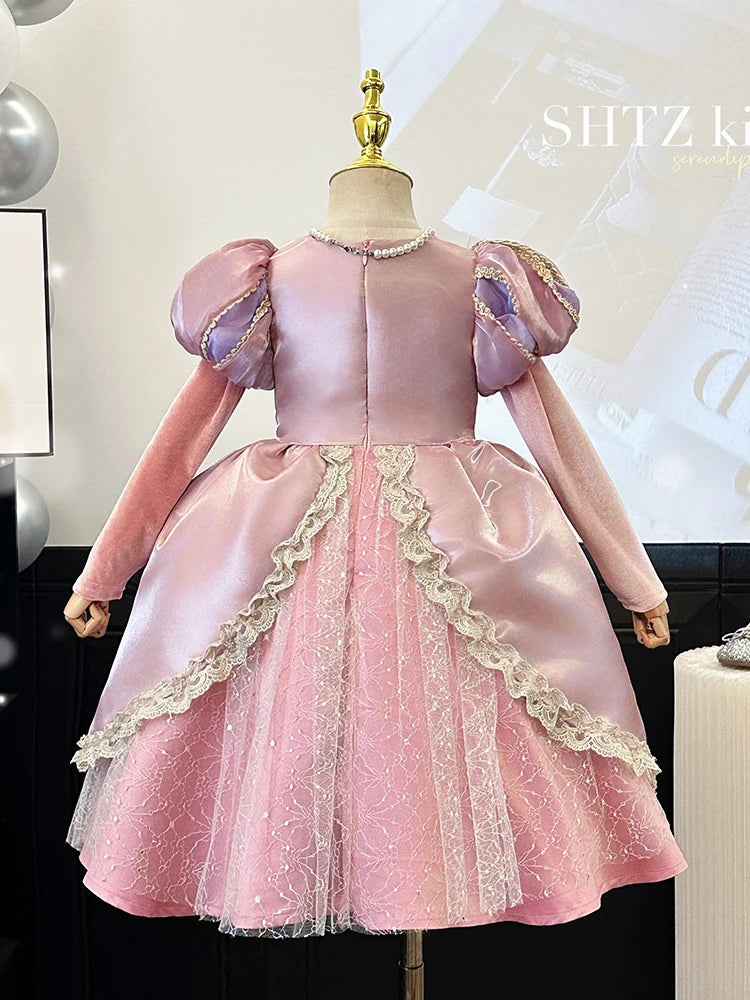 Kids Pink Aurora Princess Lolita Dress Halloween Costume Girl Sleeping Beauty Princess Cosplay Birthday Party Dresses for 2-12Y