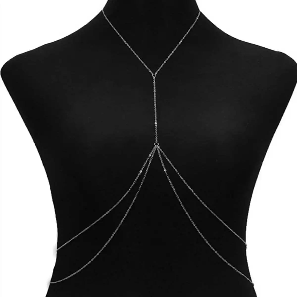 Women Sexy Silver Color Multi-layer Link Chain Chest Necklace Belly Bodychain Girls Bra Bikini Accessories Beach Holiday Gift