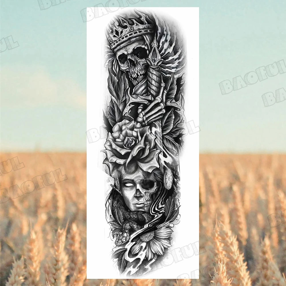 BAOFUL Full Arm Sleeve Temporary Tattoos For Women Men Realistic Wolf Lion Warrior Maori Fake Tattoo Stickers Thigh Leg Tatoos