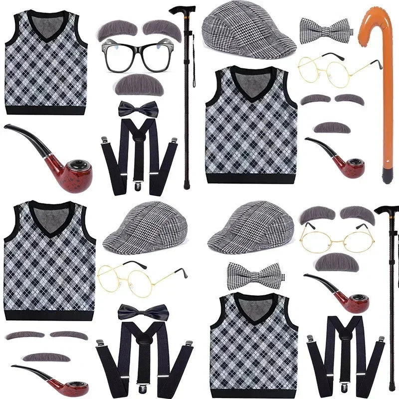 Halloween Children's Day Kids 100 Days Of School Costume For Boy Grandpa Vest Wig And Beard Granny Dress Up Props Carnival Party