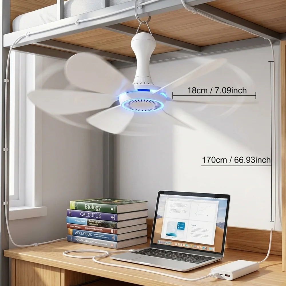 1 Set of USB Mini Quiet Ceiling Fans for Camping, Emergency Portable Outdoor Hanging Fans for Gazebos, Sheds, Dorms, Silent Fans with Extension Cord, White Fan
