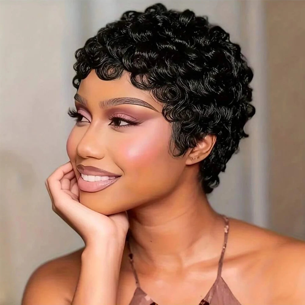 Short Layered Pixie Curly Wigs Human Hair Chic Pixie Cut Human Hair Wig With Bangs Black Color Full Machine Made For Women
